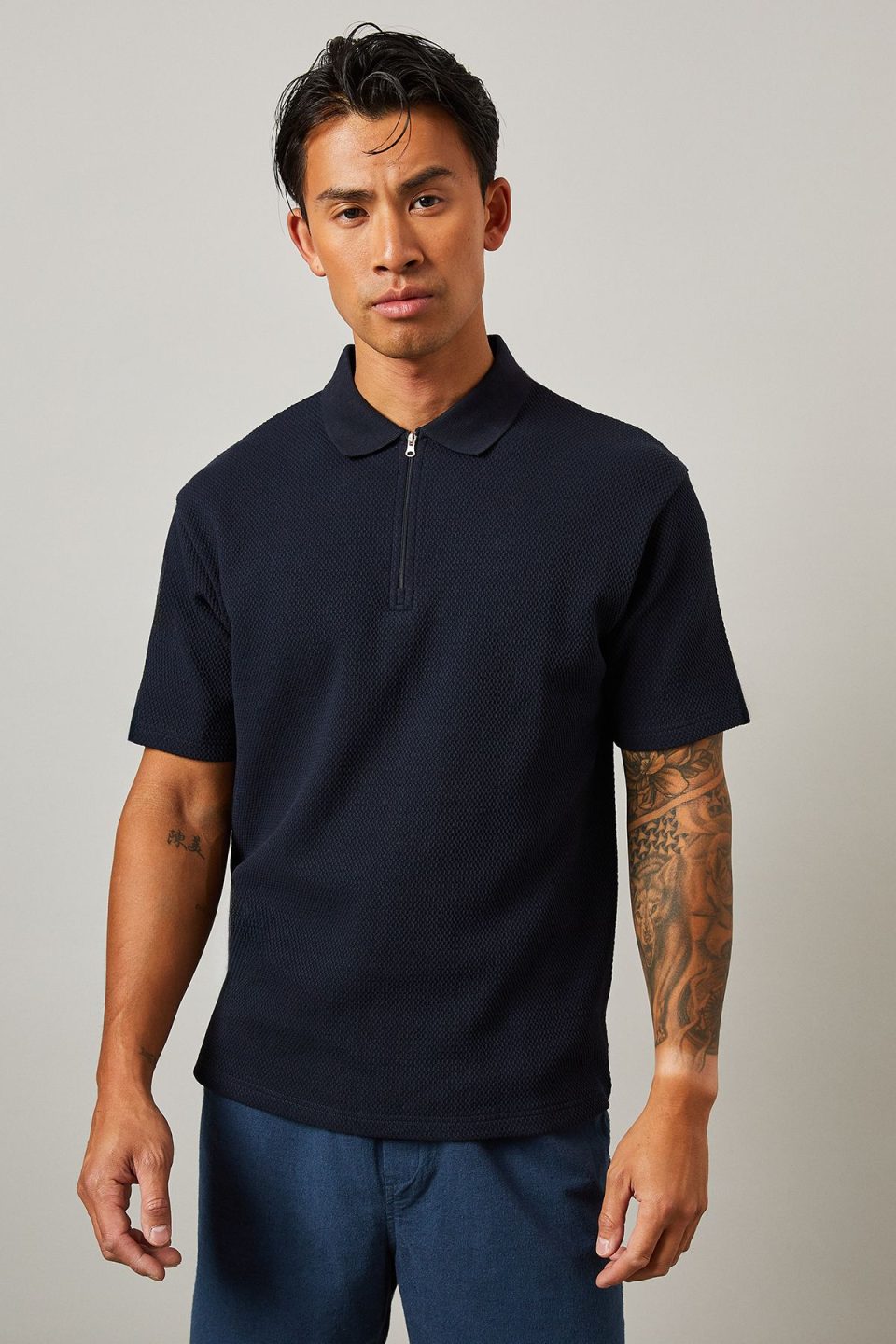 Navy Textured Zip Neck Polo Shirt