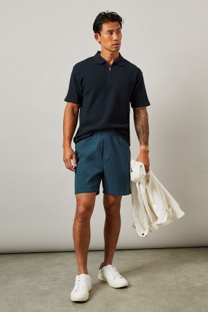 Navy Textured Zip Neck Polo Shirt