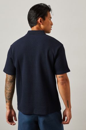 Navy Textured Zip Neck Polo Shirt