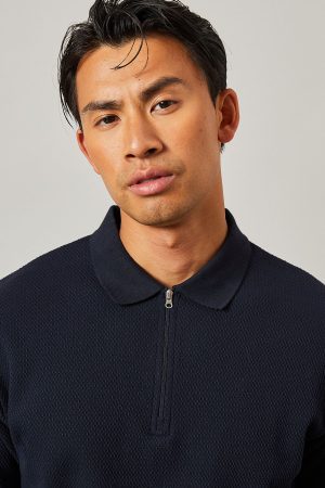Navy Textured Zip Neck Polo Shirt