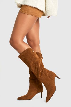 Faux Suede Curved Stiletto Knee High Boots
