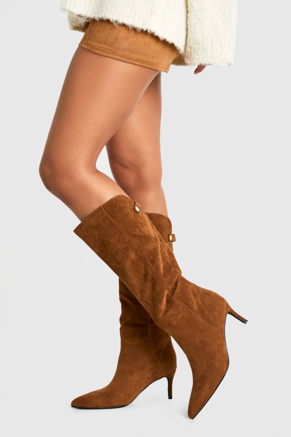 Faux Suede Curved Stiletto Knee High Boots