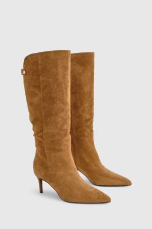 Faux Suede Curved Stiletto Knee High Boots