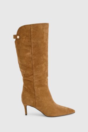 Faux Suede Curved Stiletto Knee High Boots