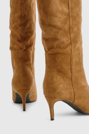Faux Suede Curved Stiletto Knee High Boots