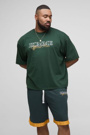 Plus Oversized Boxy Homme Landscape Print T-Shirt & Basket Ball Airtex Short Set