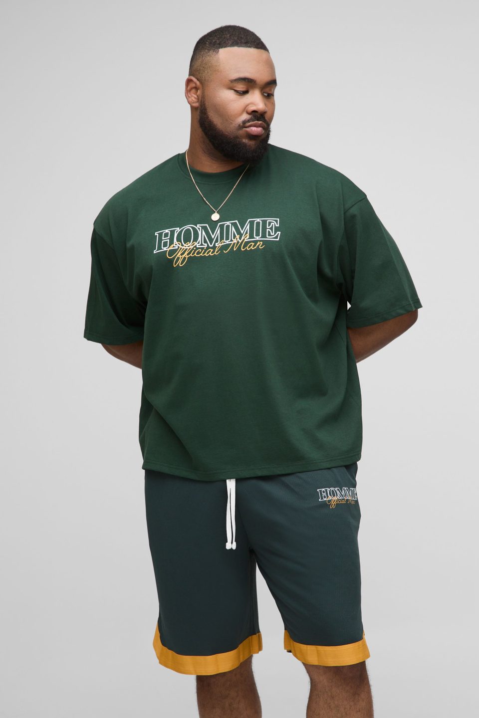 Plus Oversized Boxy Homme Landscape Print T-Shirt & Basket Ball Airtex Short Set