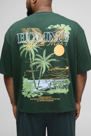Plus Oversized Boxy Homme Landscape Print T-Shirt & Basket Ball Airtex Short Set