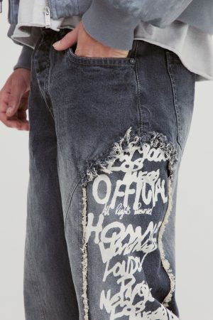 Baggy Rigid Printed Panel Denim Jeans