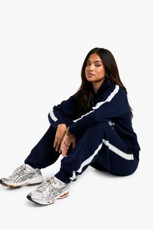 Petite Sport Nouveau Knitted Zip Neck Oversized Jumper And Cuffed Jogger Set