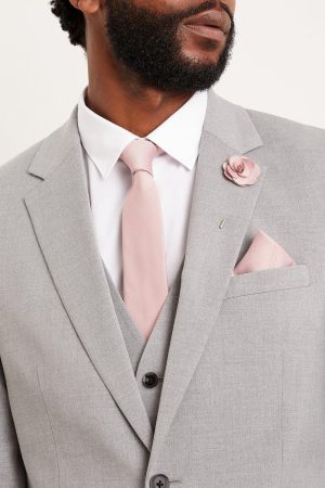 Pink Tie With Pocket Square and Pin