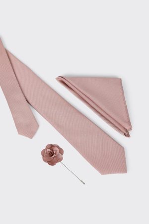 Pink Tie With Pocket Square and Pin