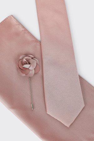Pink Tie With Pocket Square and Pin