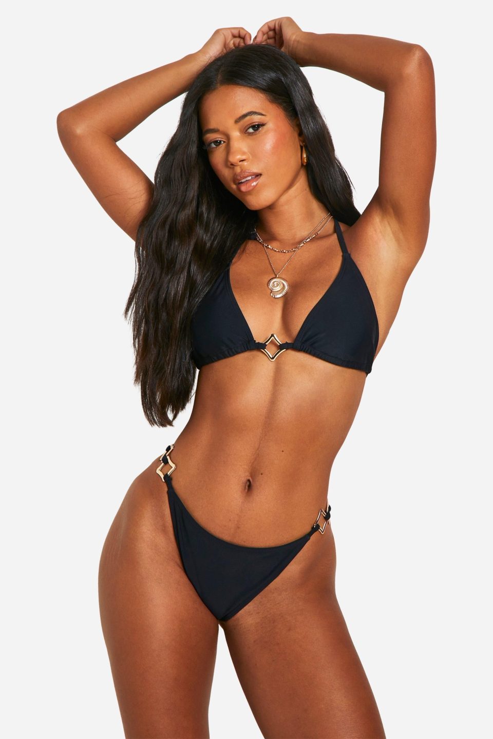 Gold Square Hardware Trim Triangle Bikini Top & Tanga Bikini Bottoms Set