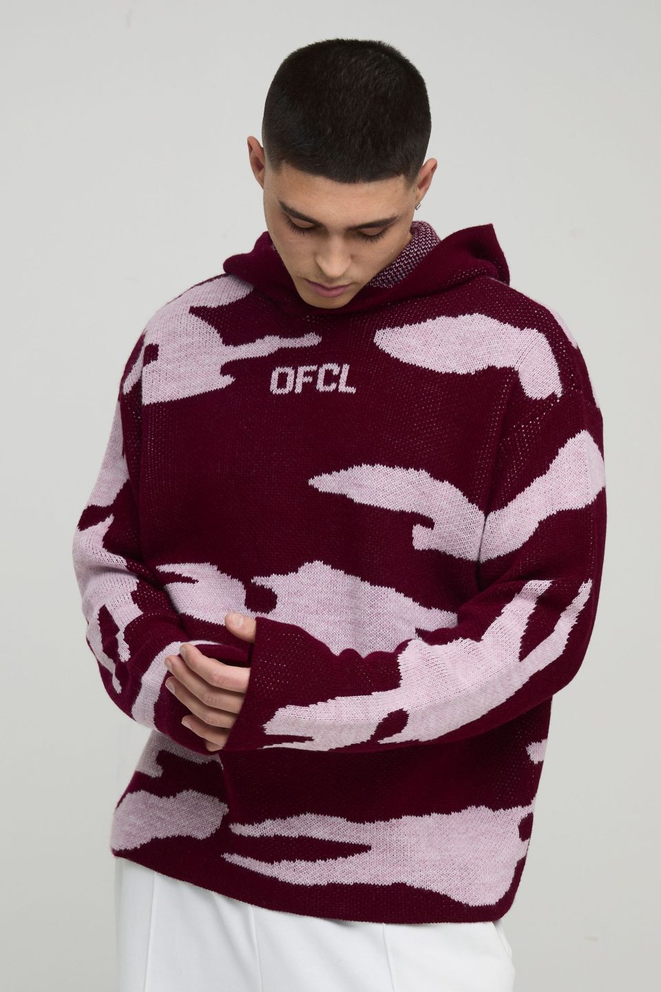 Ofcl Oversized Camo Raw Hem Knitted Hoodie