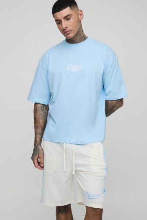 Tall Oversized Boxy Official Embroidered T-Shirt & Airtex Basketball Short Set