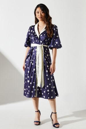 Short Sleeve Satin Polka-Dot Wrap Dress