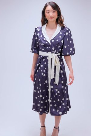 Short Sleeve Satin Polka-Dot Wrap Dress