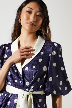 Short Sleeve Satin Polka-Dot Wrap Dress