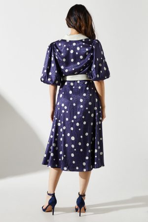 Short Sleeve Satin Polka-Dot Wrap Dress