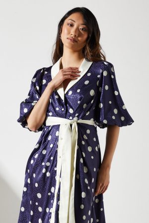 Short Sleeve Satin Polka-Dot Wrap Dress