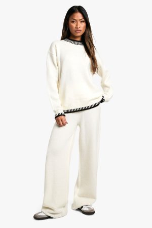 Contrast Trim Jumper And Wide Leg Trouser Knitted Co-ord