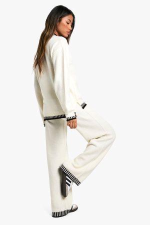 Contrast Trim Jumper And Wide Leg Trouser Knitted Co-ord