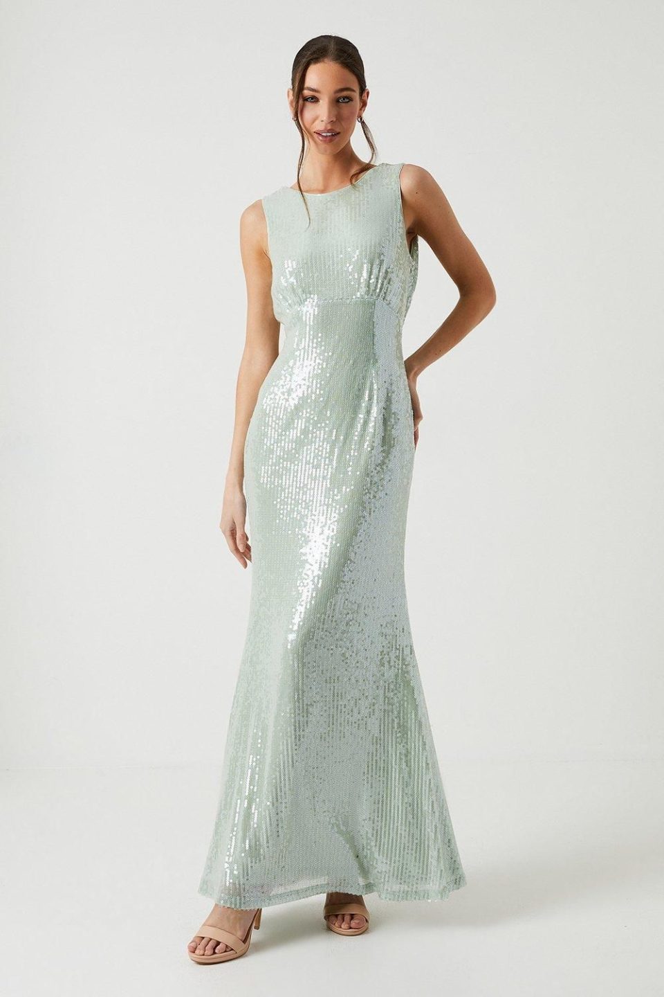Cowl Back Sheer Sequin Bridesmaid Dress