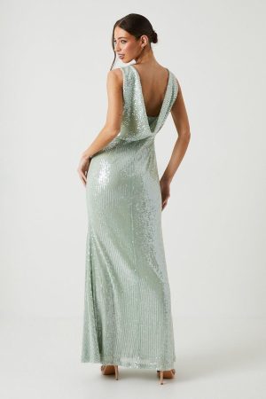 Cowl Back Sheer Sequin Bridesmaid Dress