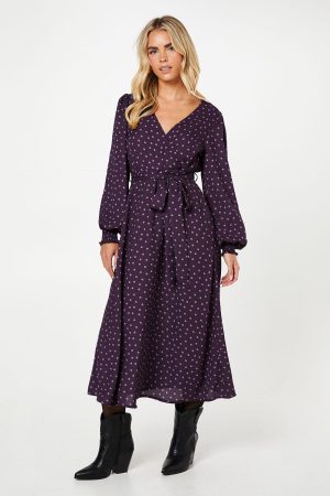 Petite Berry Spot Long Sleeve Wrap Midi Dress