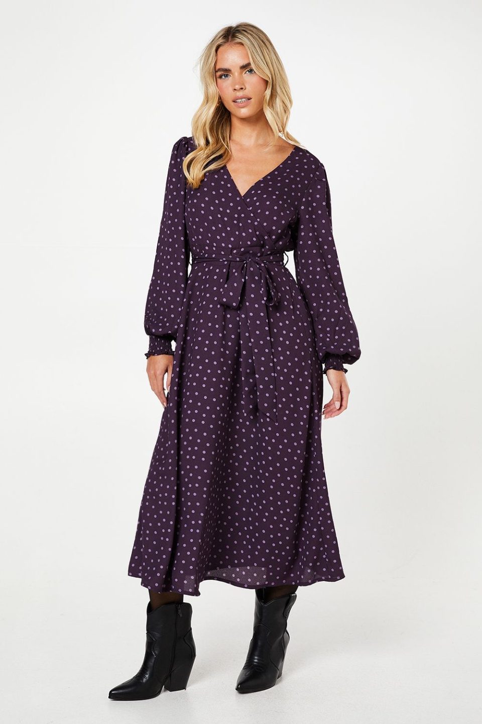 Petite Berry Spot Long Sleeve Wrap Midi Dress