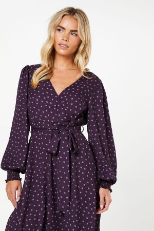 Petite Berry Spot Long Sleeve Wrap Midi Dress