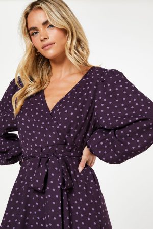 Petite Berry Spot Long Sleeve Wrap Midi Dress