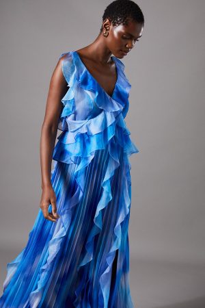 Sleeveless V Neck Chiffon Frill Maxi Holiday Dress