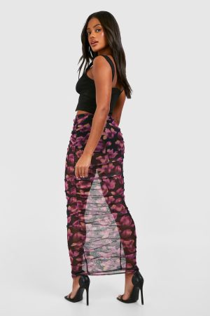 Ruched Mesh Floral Printed Maxi Skirt