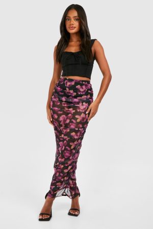 Ruched Mesh Floral Printed Maxi Skirt