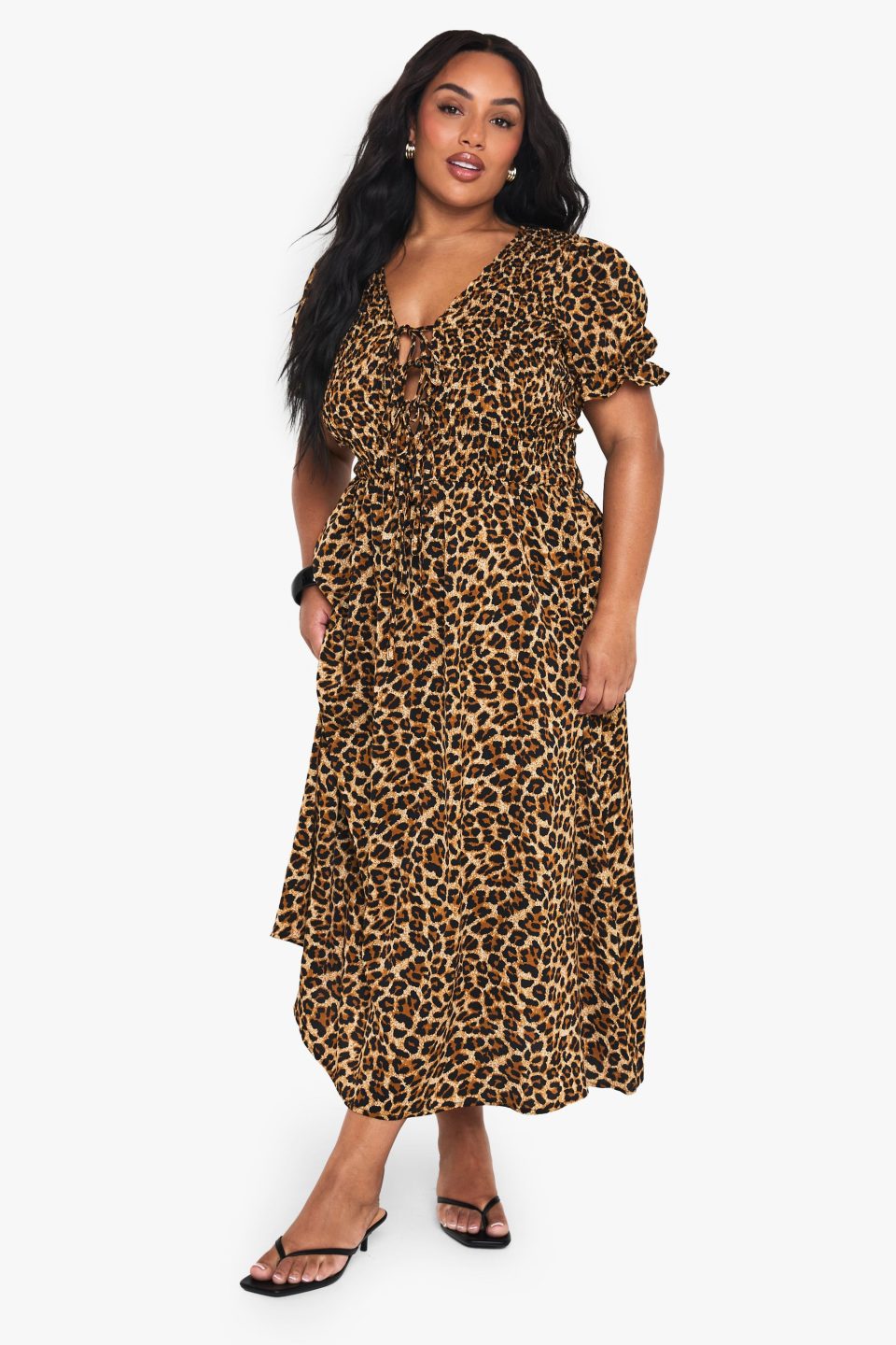 Plus Leopard Shirred Smock Midaxi Dress