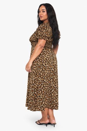 Plus Leopard Shirred Smock Midaxi Dress