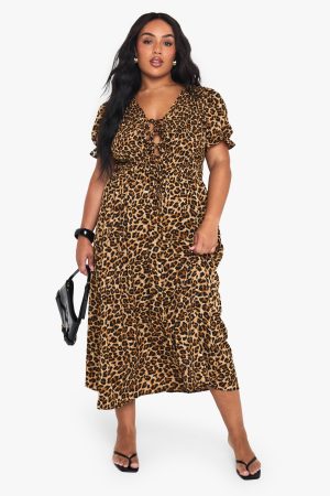 Plus Leopard Shirred Smock Midaxi Dress