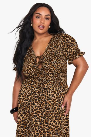 Plus Leopard Shirred Smock Midaxi Dress