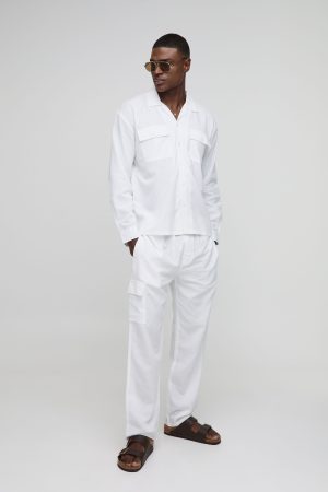 Oversized Linen Blend Cargo Pocket Shirt & Trouser Set