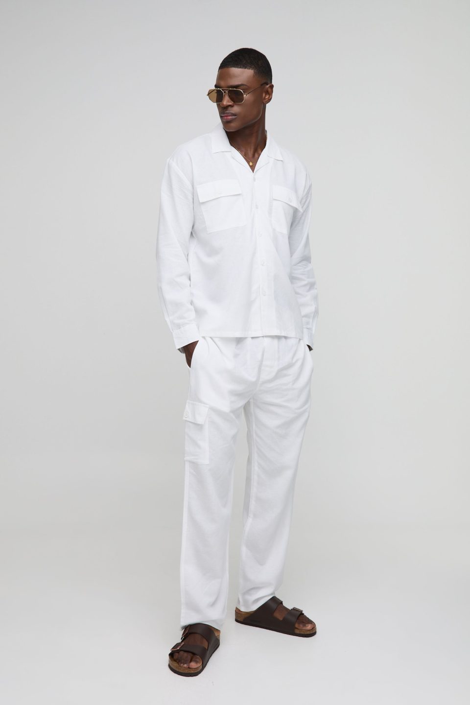 Oversized Linen Blend Cargo Pocket Shirt & Trouser Set