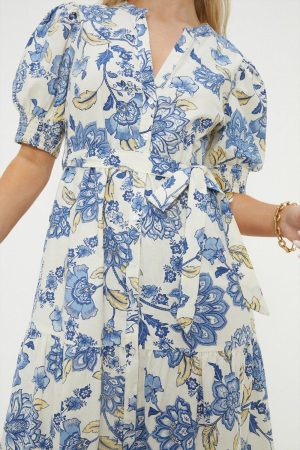 Petite Ivory Poplin Floral Print Shirt Dress