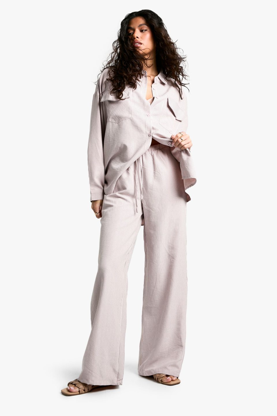 Striped Peached Drawstring Waist Wide Leg Trouser
