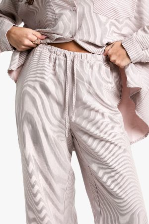 Striped Peached Drawstring Waist Wide Leg Trouser
