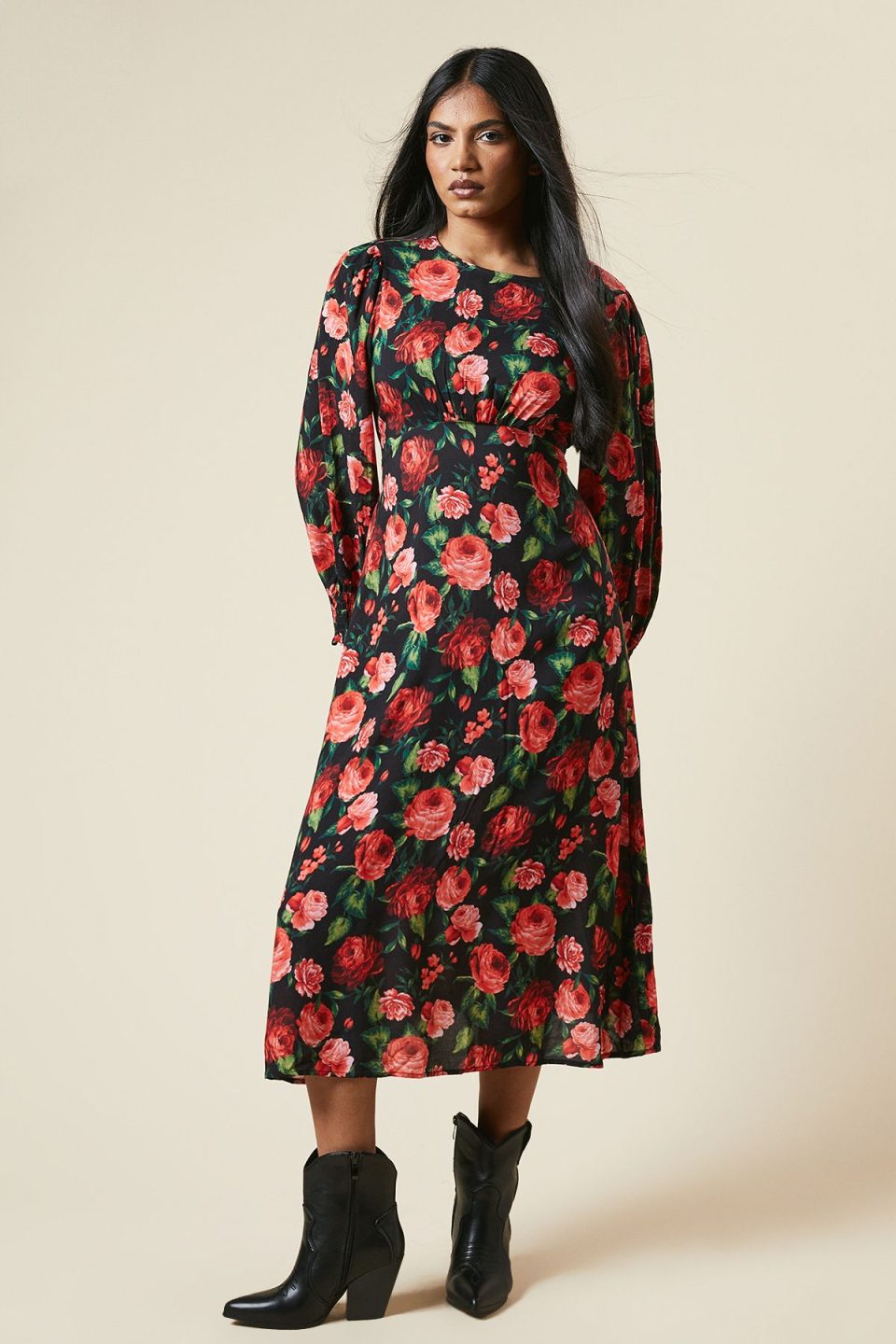 Petite Red Rose Shirred Cuff Midi Dress