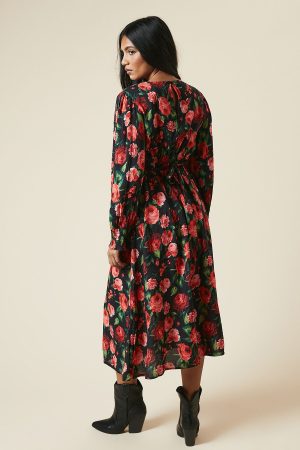 Petite Red Rose Shirred Cuff Midi Dress