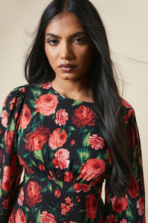 Petite Red Rose Shirred Cuff Midi Dress