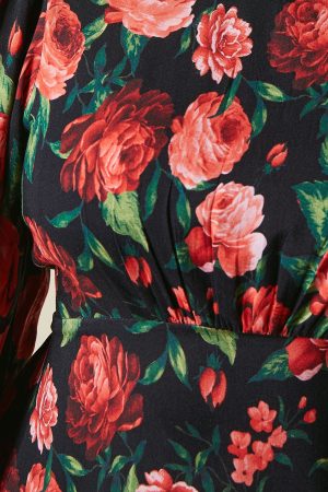 Petite Red Rose Shirred Cuff Midi Dress