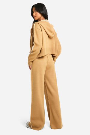 Petite Stripe Detail Knitted Hoody And Waist Detail Flared Trouser
